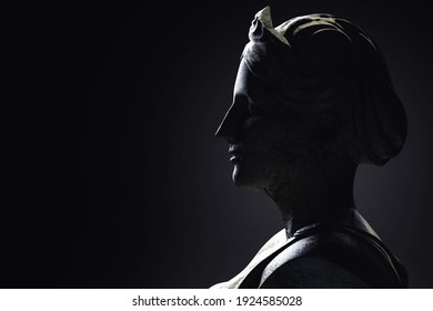 3d Render Illustration Of Antique Greek Female Sculpture Profile View On Dark Background.