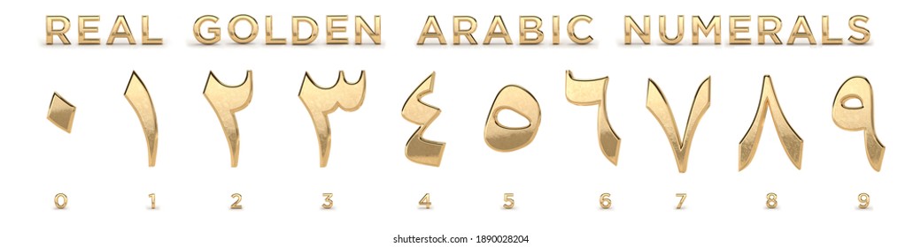 3D Render (illustration) of arabic gold metal numerals. Characters, numbers, dates, letters. One, two, three, four, five, six, seven, eight, nine, zero. 1, 2, 3, 4, 5, 6, 7, 8, 9, 0.