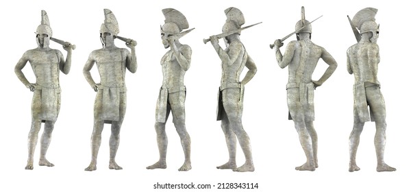 3d Render Illustration Artwork Of Ancient Greek Male Spartan Warrior In Helmet And Sword, God Marble Stone Statue In Different Angles Isolated On White Background.