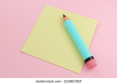 3D render Illustration of Assorted School Supplies blue pencil and yellow stick note on white background