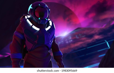 3d Render Illustration Of Astronaut In Space Suit On Alien Futuristic Purple And Blue Colored Station.