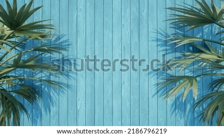 3d render, 3d illustration. Background tree, blue tones, palm leaves, palm awning. 3d picture
