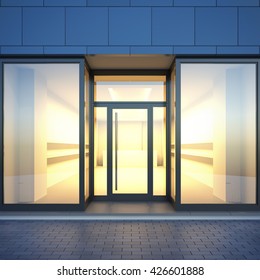 A 3d Render Illustration Blank Template Layout Of Store Facade With Light Interior From Glass Shop Windows. Storefront Surface Empty To Place Your Text, Banner, Placard, Advertising Or Logo.