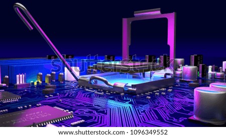 3D render  illustration. blue light cpu on the socket. circuit board hardware. technology. strong lighting.