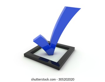 3D Render Illustration, Blue Tick Symbol In A Black Checkbox