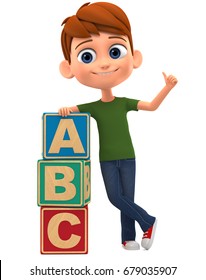 3d render illustration. Boy with alphabet cubes on a white background showing thumbs up.