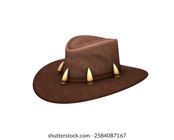 3D render illustration of a brown leather hat adorned with animal fangs around the brim. A detailed and cartoon-style depiction of rugged, adventure-themed headwear with a wild and rustic design
