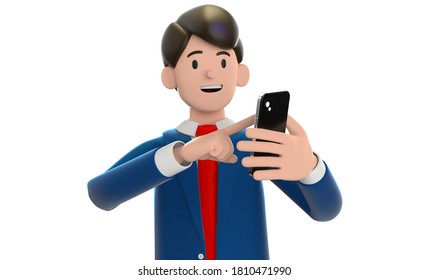 3d render illustration of a business man holding a cellphone