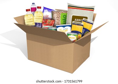 
3d Render Illustration Cardboard Box With Basic Food Items Without Logos With Text In Portuguese Of What Is Items In The Box.