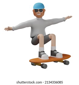 3d render illustration cartoon character of man playing skateboard with jump gesture isolated