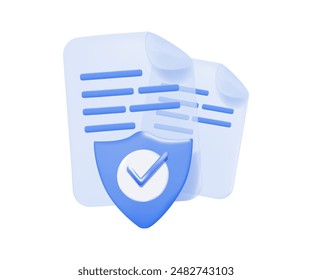 3D render illustration with Check Mark, Shield and documents. Policy Guarantee Business, Business Insurance. 3D Data protection Concept. Finance and insurance service. 3D