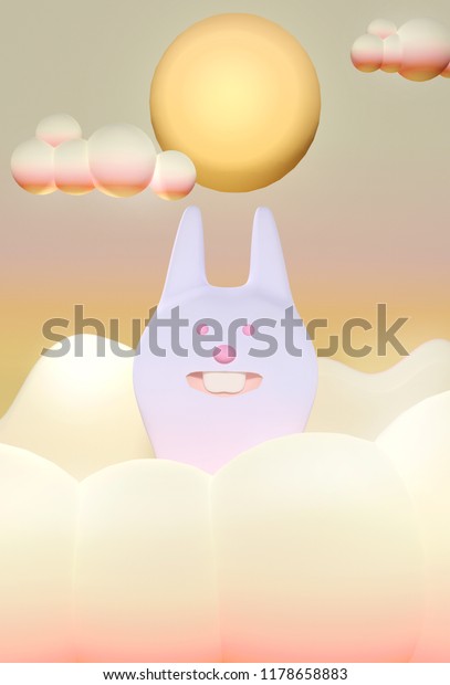 3D render Illustration.\
Chinese Mid Autumn Festival design. Cute rabbit under big full\
moon.