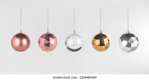 3d render illustration of christmas round balls on white background. Set of glass baubles hanging on rope. Glossy realistic elements for promo, party, event design. Rose gold, transparent, silver toys
