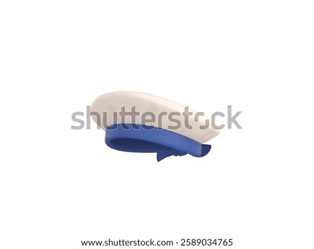 3D render illustration of a classic white marine hat with a blue ribbon, designed in a cartoon style. Ideal for nautical themes, maritime characters, and sailor-related concepts