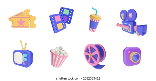 3d render illustration. Collection of icons on the theme of cinema, video, filmmaking. Simple symbol for web and app. Modern trendy design. Isolated on white background.