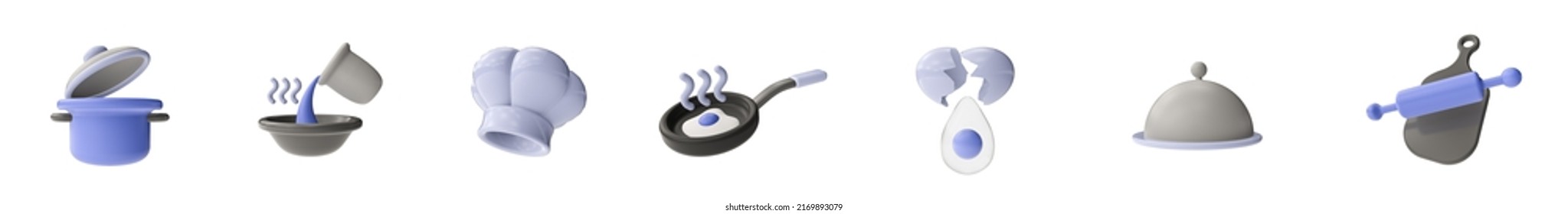 3d Render Illustration. Collection Of  Icons On The Theme Of Cooking Food
. Simple Symbol For Web And App. Modern Trendy Design. Isolated On White Background. Blue And Gray Colors.