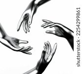 3D render illustration, composition of four hands isolated on white background.