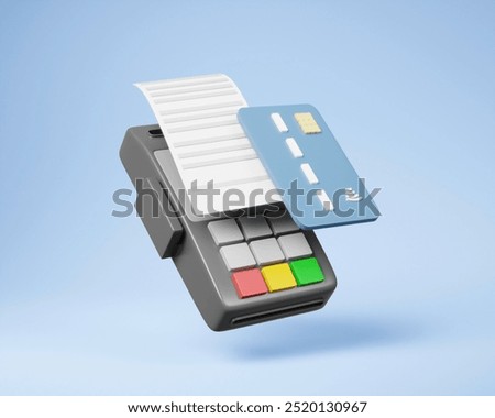3D render illustration of the concept of convenient payment through a card reader with a credit card with a receipt or bill.