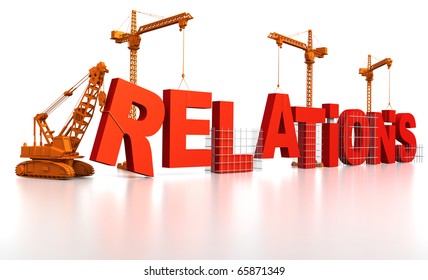 3D render illustration of construction site, including cranes and lifting machine, where the word Relations is being built.