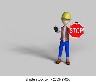 	
3D Render Illustration Construction Worker with stop sign,