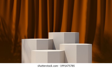 3d Render Illustration. Cosmetic  Background For Product Presentation. The Light From The Window Shines Through The Red Curtains And White Podium.