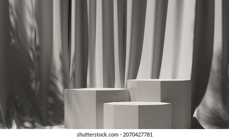 3d Render Illustration Cosmetic  Background For Product Presentation. The Light From The Window Shines Through The Red Curtains And White Podium.