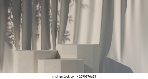 3d Render Illustration Cosmetic  Background For Product Presentation. The Light From The Window Shines Through The Red Curtains And White Podium.