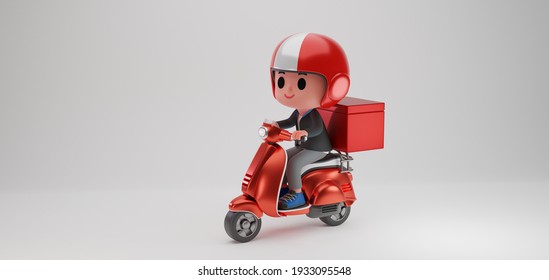 3d Render Illustration Of Cute Boy Messenger , Delivery Man Character Riding On A Scooter , Motorcycle With Large Box