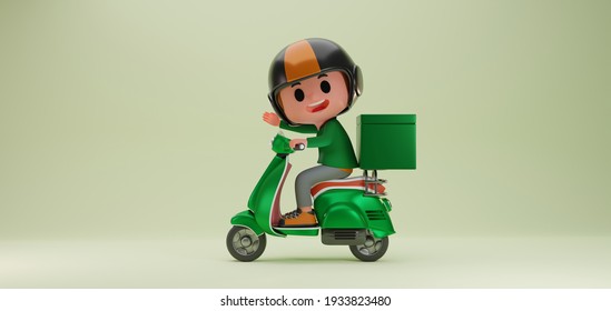 3d Render Illustration Of Cute Boy Messenger, Delivery Man Character Riding On A Scooter , Motorcycle With Large Box Container