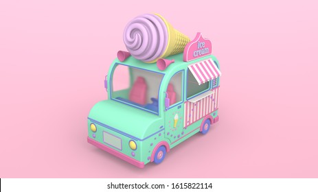 3d render illustration of cute ice cream bus on pink background. Retro 80's style. Pastel colors.  Modern trendy design.