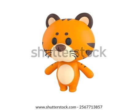 3D render illustration of a cute orange cartoon tiger standing with arms outstretched, featuring an adorable and playful design