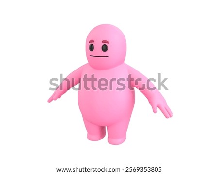 3D render illustration of a cute, round pink cartoon monster with minimal facial features, standing with arms slightly outstretched on a white background
