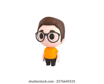 3D render illustration of a cute and simple cartoon-style man with brown hair, round glasses, large black eyes, wearing an orange T-shirt and black pants, designed with a cheerful and minimal