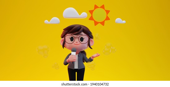 3D render illustration of cute  Weather Forecast Women Reporter character wearing eyeglasses holding microphone in hot summer, sunny day