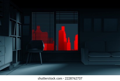 3d render illustration of dark noir room with red colored cityscape background. - Powered by Shutterstock