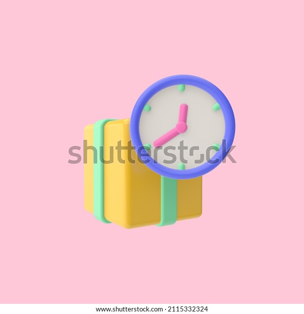 3d render illustration of delivery box and\
watch. Simple icon for web and app. Modern trendy design. Isolated\
on pink background.