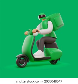 3d Render Illustration Of Delivery Man Character Riding On A Scooter, Motorcycle With Large Box