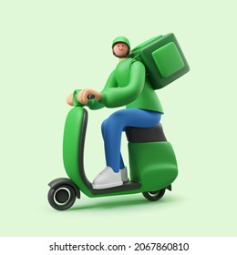 3d Render Illustration Of Delivery Man Character Riding On A Scooter, Motorcycle With Large Box