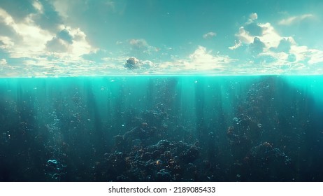 3d Render Illustration Digital Painting Ocean Scene With Half Underwater Half Sky With Bright Light And Clouds Calm Sea