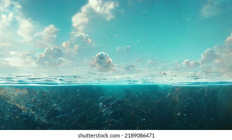 3d Render Illustration Digital Painting Half Underwater Ocean And Half Sky View With White Clear Sky