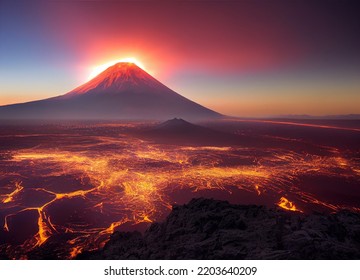 3d render illustration digital painting volcano eruption volcano surrounded by lava very dangerous dark atmosphere