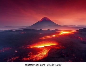3d render illustration digital painting volcano eruption   lava rivers dark atmosphere small hills
