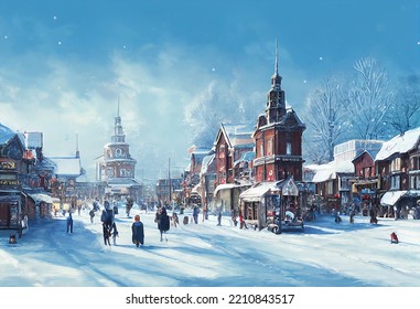 3d Render Illustration Digital Painting Winter Season Small Town People Walking On Street Places Covered With Snow Cloudy Weather Light Snowfall