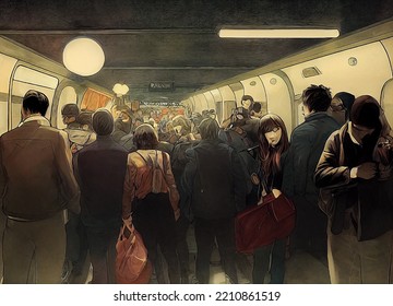 3d Render Illustration Digital Painting Comic Book Style Drawing A Lot Of People In The Subway Car Crowded Gloomy Environment