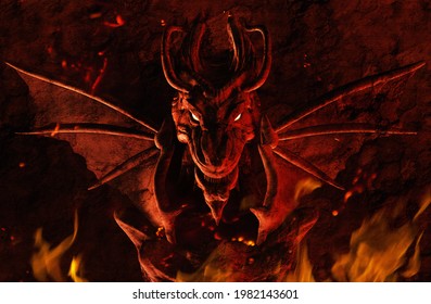 3d render illustration of dragon wall sculpture in fire and ashes.