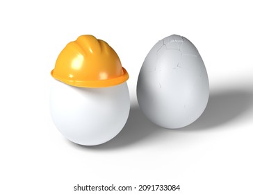3d render illustration egg wearing construction helmet and cracked egg isolated on white background. Realistic white egg with yellow hardhat and broken egg icon. Safety at work. Protection from injury