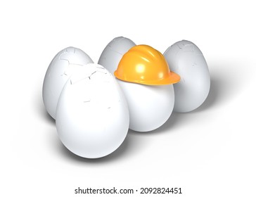 3d render illustration egg wearing construction helmet and cracked egg isolated on white background. Realistic white egg with yellow hardhat and broken egg icon. Safety at work. Protection from injury