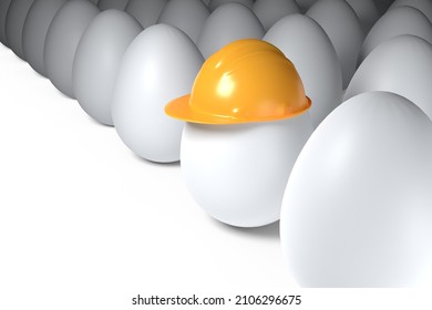 3d render illustration egg wearing construction helmet isolated on white background. Realistic white egg with yellow hardhat. Safety at work. Protection from injury and accidents.
