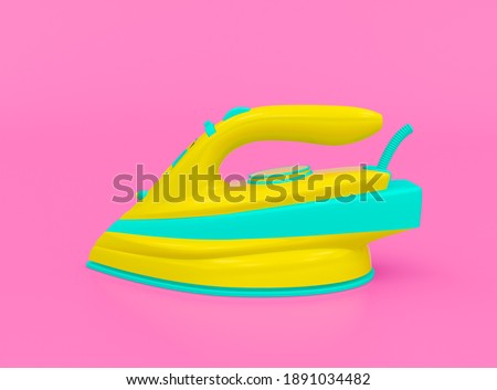 3d render illustration of electric iron. Modern trendy design. Pink, yellow and blue colors.