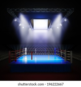 A 3d render illustration of empty professional boxing ring with illumination by spotlights.